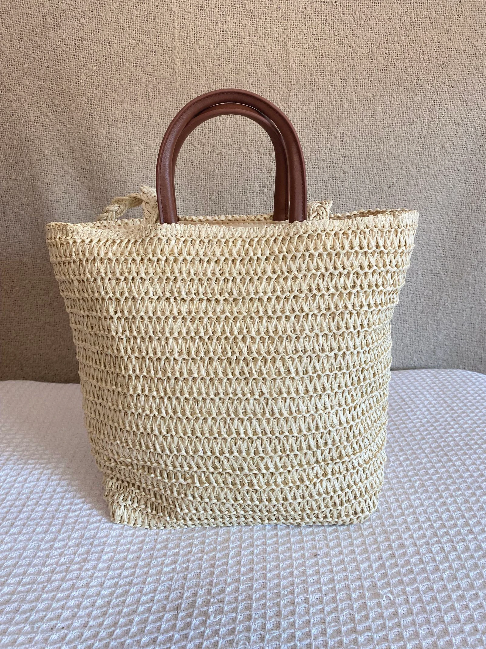 Rotan Tote tas met kunstleren vak en dubbele handvat – photo 5